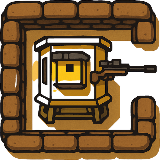 Top view of an Yellow defense Military tower Sniper, in the desert, the image has a square border outlined by military defense Brown sandbags.
In-Game asset.  2d.  High contrast.  No shadows
