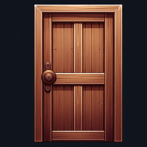 Uma Porta de madeira para frente com machaneta marrrom..
Single Game Texture. In-Game asset. 2d. Blank background. High contrast. No shadows.