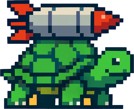 a turtle having a misile on her shell, pixelart.
In-Game asset.  2d.  High contrast.  No shadows