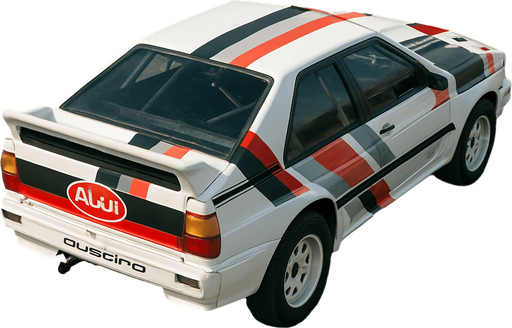 Photorealistic white audi b2 quattro RALLYCAR with red,grey,black stripes livery, drone topview from back. Angle should be 45 degrees in the top right corner of the screen.