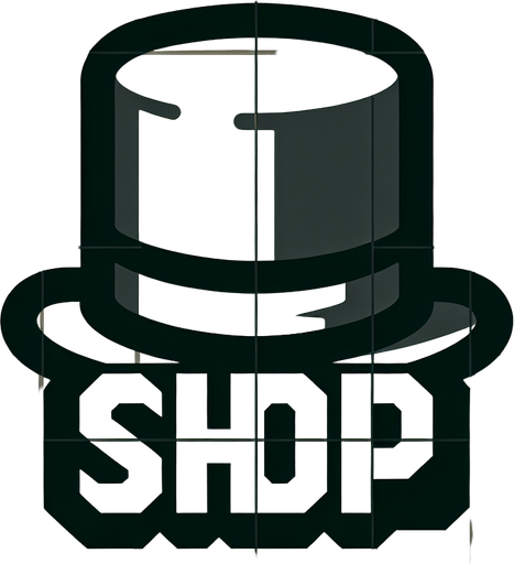 A SVG that says “Hat Shop” on top of a top hat.
Single Game Texture.  In-Game asset.  2d.  Blank background.  High contrast.  No shadows