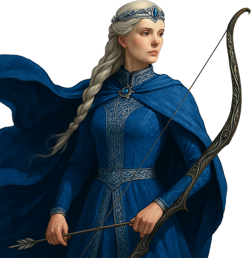 A noblewoman-archer dressed in royal blue and silver, standing on a hilltop during dawn. Female, 30 years old, graceful but strong, with long platinum blonde hair in a braid, storm-grey eyes, and porcelain skin. She wears a sapphire-encrusted circlet and carries an ornate elven longbow. Her cloak flutters in the wind. Realistic, highly detailed, elegant fantasy tone. relistic.
In-Game asset.  2d.  High contrast.  No shadows