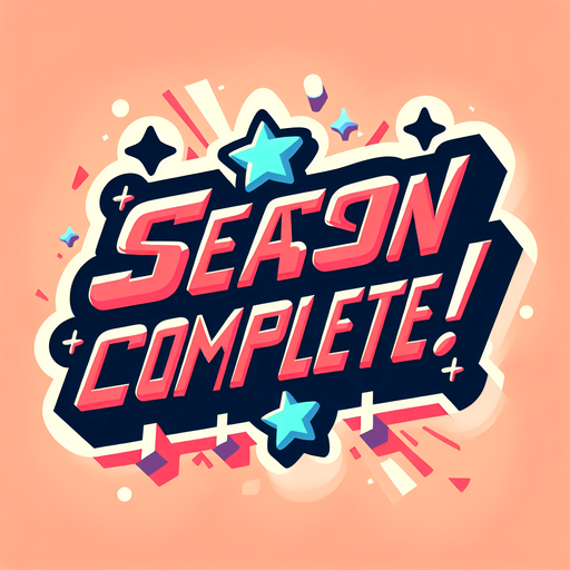 Create a SVG text design in bold cartoon style: "SEASON COMPLETE!" in chunky rounded letters with stars around it .
Single Game Texture. In-Game asset. 2d. Blank background. High contrast. No shadows.