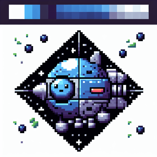 8-bit pixelated isometric blueberry-shaped UFO with a cute fruit inside.
Single Game Texture. In-Game asset. 2d. Blank background. High contrast. No shadows.