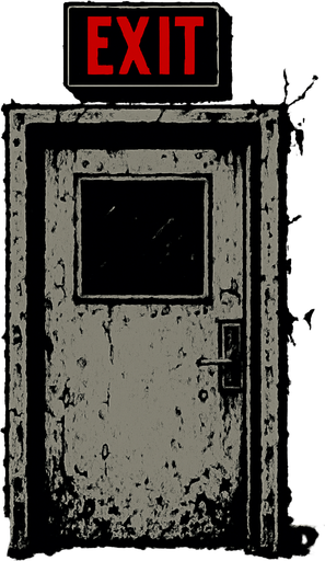 Make a door with a white wall like it was in an abandoned school on top of the door is a glowing red exit sign.
In-Game asset.  2d.  High contrast.  No shadows