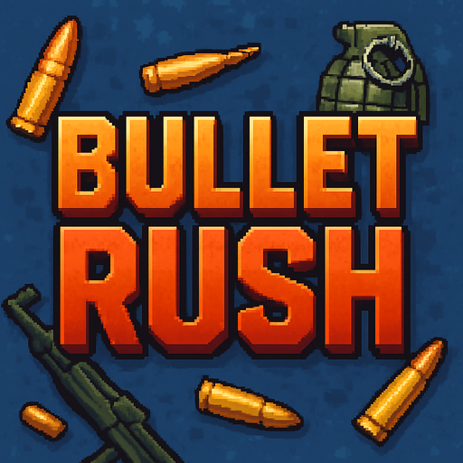 Create an title image written "Bullet Rush" in it, add some elements of war like bulets and make it in a semirealistic 16bit style.
In-Game asset.  2d.  High contrast.  No shadows