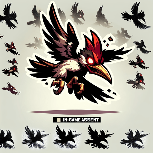 flyin evil woodpecker bird.
Single Game Texture.  In-Game asset.  2d.  Blank background.  High contrast.  No shadows