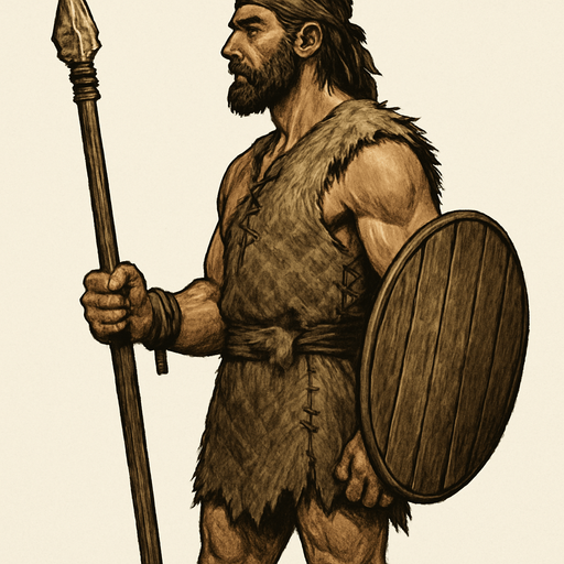 Taş çağında asker, yazısız, gerçekçi, yandan görünüm.
In-Game asset.  High contrast.  No shadows