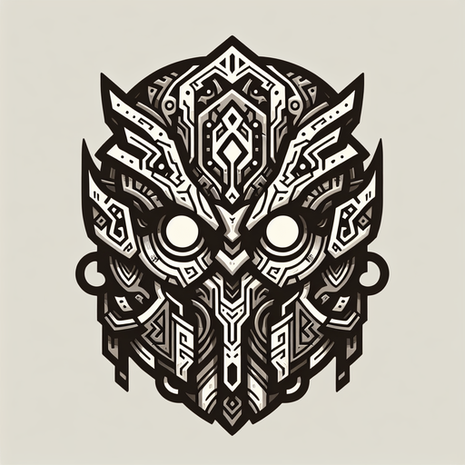 An imposing, ornate tribal mask or helmet, perhaps with glowing eyes or runic carvings..
Single Game Texture.  In-Game asset.  2d.  Blank background.  High contrast.  No shadows