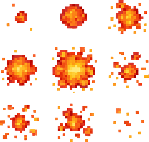 Раскадровка пиксельного взрыва с видом с верху без фона.
In-Game asset.  2d.  High contrast.  No shadows