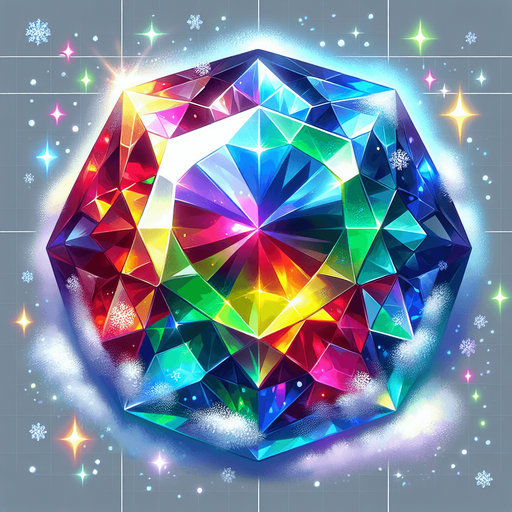 a precious colorful glowing gem with snow and ice on it.
Single Game Texture. In-Game asset. 2d. Blank background. High contrast. No shadows.