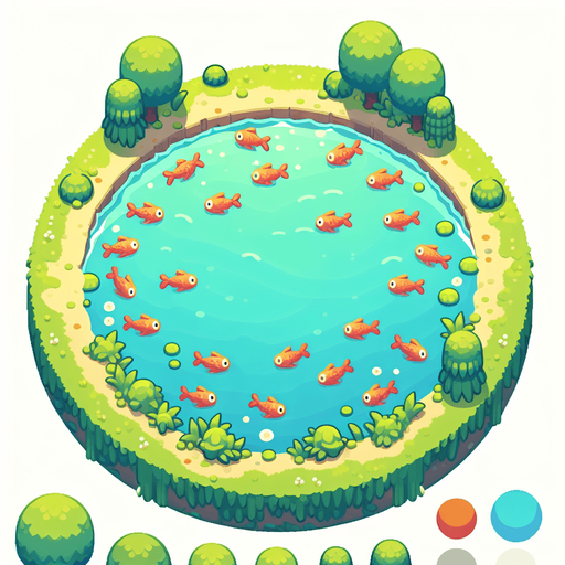 yuvarlak balıklı göl.
Single Game Texture.  In-Game asset.  2d.  Blank background.  High contrast.  No shadows