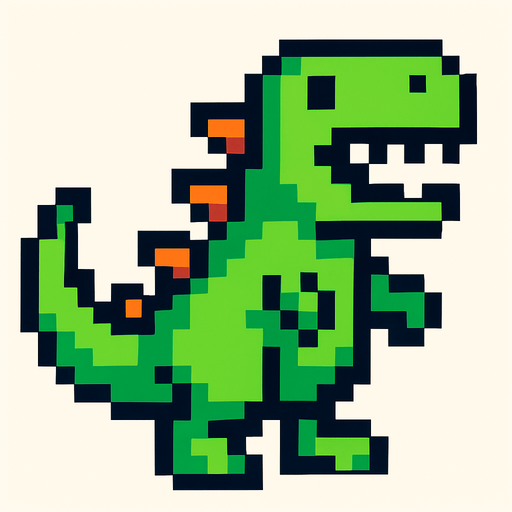 Un dinosaurio pixelar.
In-Game asset.  2d.  High contrast.  No shadows