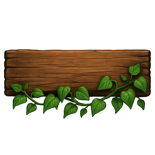 400 x 60 şeklinde gerçekçi bir tahta aşağı doğruda hafif sarmaşıkları olsun.
In-Game asset.  2d.  High contrast.  No shadows