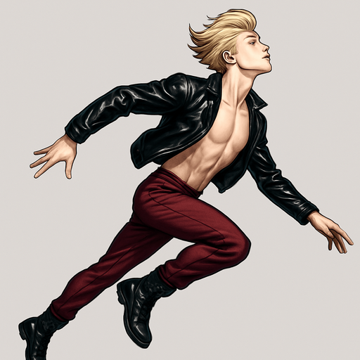 Swishy graceful man opposite arm and leg in front Cyberpunk manga, side profile view jumping pushing off the ground one leg extended one knee raises arms at sides loookkng skyward torpedo magic launching leap jump, shiny black leather biker jacket longsleeves shirtless Skinny abs blonde pompadour guy, wine red joggers combat boots, Background removed, "Full-body character, entirely in frame, no cropping of face, head, or feet" "Complete character visible, from head to toe, fully centered in the image" "Entire character, including face and boots, fully within the frame" Character fully contained within a square frame, no edges cut off fashion model idle pose