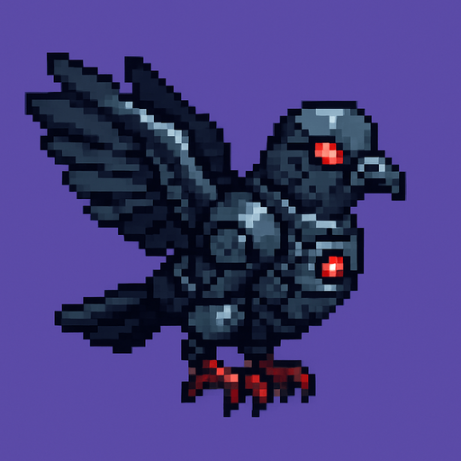 Pixel art of an evil pigeon with robotic parts, red glowing eyes, and tiny armor. Flying pose, side view, 2D pixel sprite for an arcade game.
In-Game asset.  2d.  High contrast.  No shadows