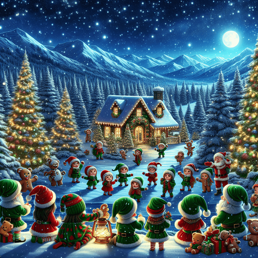 A feerical landscape with santa's house, pines, snow, glowing lights, at night.
In the front, cute elves with gree hats, gingerbread boys, teddy bears, celebrating, but no Santa Clauss in the image. Background image. High contrast. No shadows.