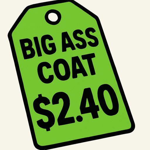 Green Discount price tag that says Big ass coat $2.40.
In-Game asset.  2d.  High contrast.  No shadows