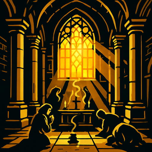 A golden medieval temple with wide columns, sun shining through stained glass, incense rising, pilgrims praying in silence.
In-Game asset.  2d.  High contrast.  No shadows