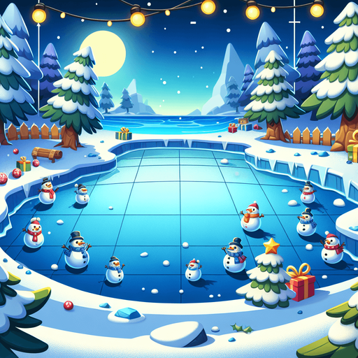 Simple Outdoor empty frozen icy lake, Christmas decorated. Camera standing at the middle of the lake looking towards shore. Cartoon. Middle of rink view. Snowmen and threes on the edge of area Single Game Texture. In-Game asset. 2d. Blank background. High contrast. No shadows.