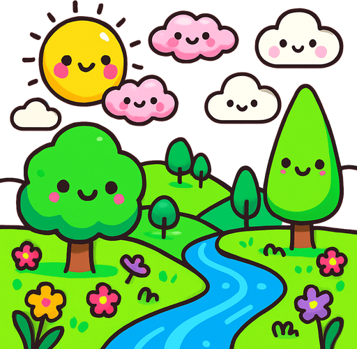 crea un paisaje kawai.
In-Game asset.  2d.  High contrast.  No shadows
