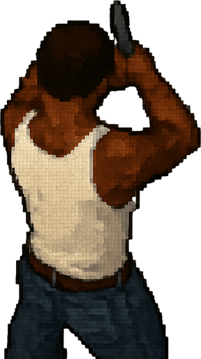 cj de gta san andreas con perspectiva trasera desde arriba usando un arma, hecho con pixeles.