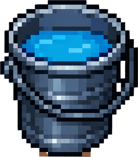 iron bucket, pixelart, water.
In-Game asset.  2d.  High contrast.  No shadows