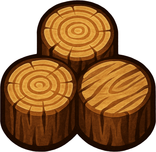 Crea un icono de madera que represente el recurso de construcción y mejora. Debe ser una pila de troncos cortados o un fajo de tablones de madera, vistos directamente desde arriba. La superficie superior debe mostrar la textura de la madera (anillos de crecimiento, vetas) y un sombreado que dé volumen a la pila..
In-Game asset.  2d.  High contrast.  No shadows
