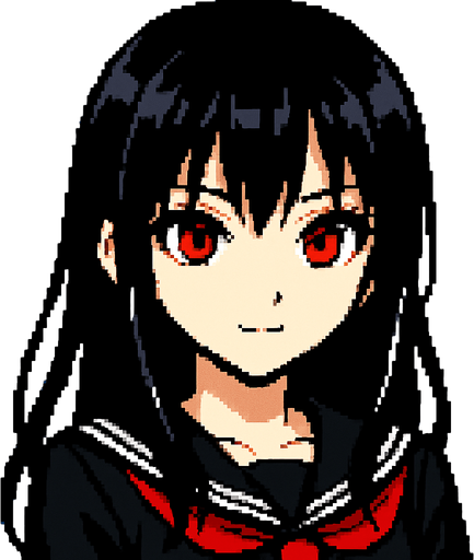 Beautiful anime-style girl with black hair and red eyes. Game image. 2D. High contrast. No shadows. Pixel art..
In-Game asset.  2d.  High contrast.  No shadows