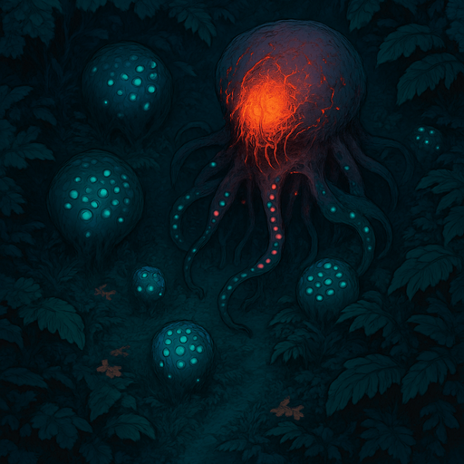 Top down isometric Cyberpunk forest thick foliage woods, anime Akira-nausicaa inspired, background scene, large sci-fi horror bioluminescent glowing alien flora