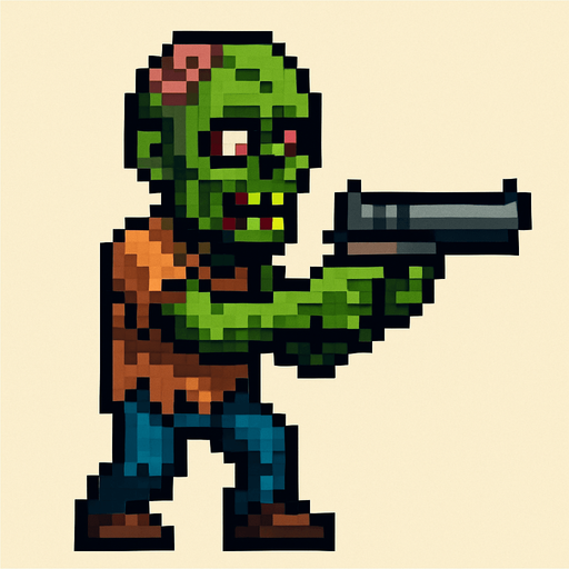 elinde silah tutan bir zombi çiz pixel tarzı ile.
In-Game asset.  2d.  High contrast.  No shadows