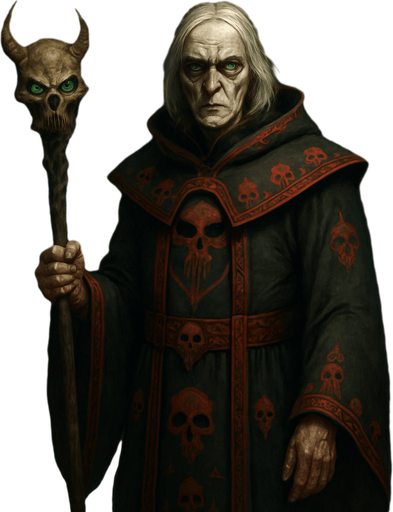 A haunted warlock in ceremonial black and crimson robes embroidered with skull patterns. Male, 56 years old, gaunt and tall, with shoulder-length white hair, sunken dark eyes glowing faint green, and sickly pale skin. He holds a staff topped with a demonic skull. Floating behind him are spectral chains and ghostly runes. The background is a cursed crypt. Realistic, highly detailed, dark arcane ambiance. realistic.
In-Game asset.  2d.  High contrast.  No shadows