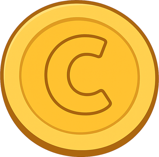 içinde c yazan sarı renkli bir madeni para. No background. Transparent background. Blank background. No shadows. 2d. In-Game asset. flat