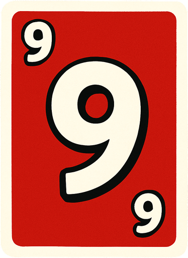 Rectangular card numbered 9, with a white border around it and a red background..
In-Game asset.  2d.  High contrast.  No shadows
