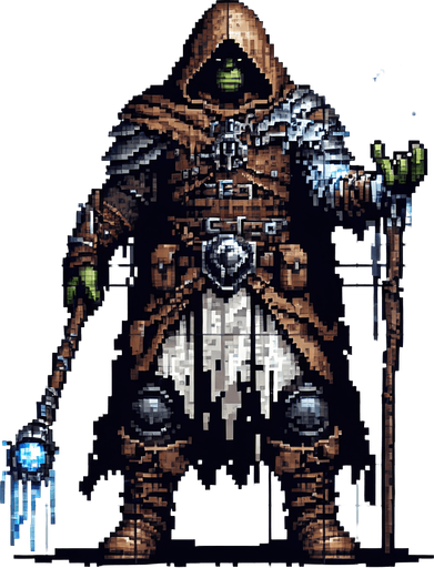orc mage, leather armor, staff with glowing crystal with freezing power. front facing, arms and legs clearly visible, wearing a hood made of cloth..
Single Game Texture.  In-Game asset.  2d.  Blank background.  High contrast.  No shadows, 16 bit pixel art