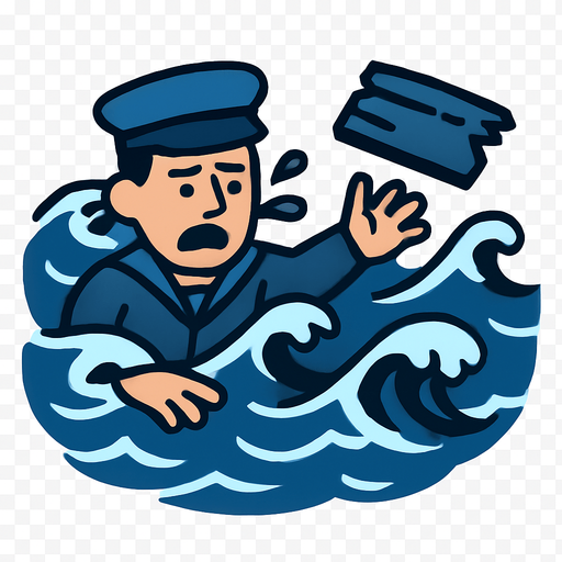 2D game asset, vector style, high contrast, flat colors, no shadows, single drowning male naval crew member wearing a blue naval uniform and a 2D blue naval hat, struggling in rough ocean waves, broken ship debris nearby, transparent background, PNG format, aimed for top-down 2D game..
In-Game asset.  2d.  High contrast.  No shadows