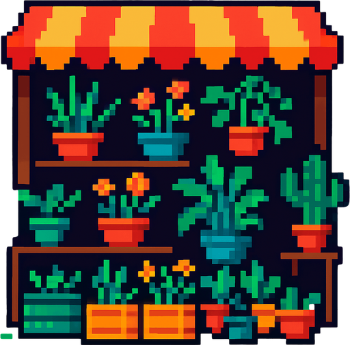 un  mercado de plantas de pixeles.
In-Game asset.  2d.  High contrast.  No shadows