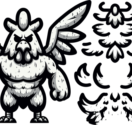 Kanatları açık canavar bir tavuk.
Single Game Texture.  In-Game asset.  2d.  Blank background.  High contrast.  No shadows