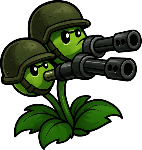 Triple lanza guisantes del videojuego plantas vs zombies fusion con cascos militares y boca de metralletas.
In-Game asset.  2d.  High contrast