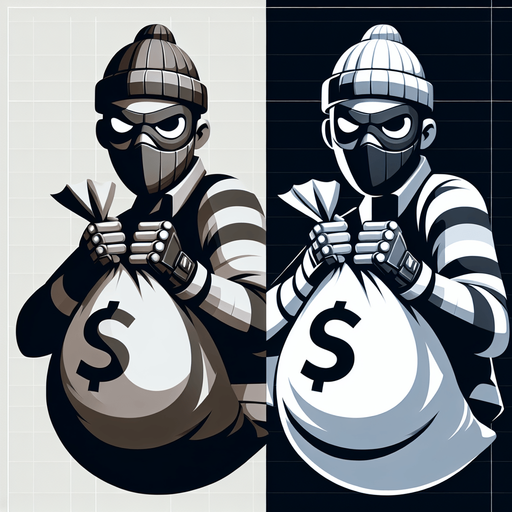 A thief with a mask and steal bag.
Single Game Texture. In-Game asset. 2d. Blank background. High contrast. No shadows.