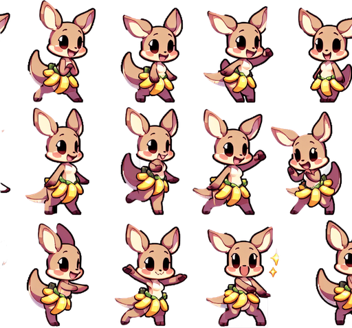 A spritesheet with a number of poses of an happy little female kangaroo in a banana skirt, smiling, walking, waiting, standing, ordering, turning, etc. all seen from the side.The spritesheet should be laid out in a rectangular grid with clear space between each individual sprite. Each sprite in the sheet should be around 300x600 pixels in size..
Single Game Texture. In-Game asset. 2d. Blank background. High contrast. No shadows.