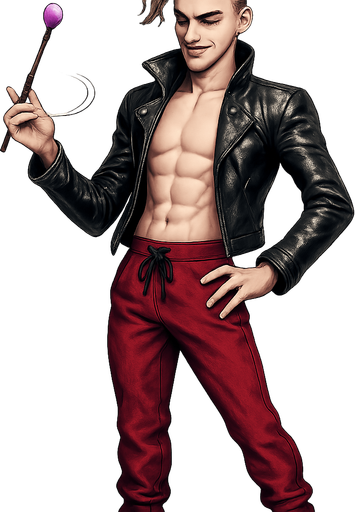 Swishy graceful man Cyberpunk manga, black leather biker jacket longsleeves shirtless Skinny abs blonde undercut pompadour vampire fangs guy, magic gemstone tipped wand, wine red joggers, combat boots, idle animation standing twirling wand, Background removed, "Full-body character, entirely in frame, no cropping of face, head, or feet" "Complete character visible, from head to toe, fully centered in the image" "Entire character, including hair face and boots, fully within the frame" Character fully contained within frame, no edges cut off, fashion model style of vogue magazine