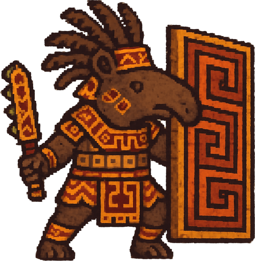Generame un guerrero azteca con patrones, estilo pixelar, además será un animal Tapir, con efectos de tierra, cargando un gran escudo o muro..
In-Game asset.  2d.  High contrast.  No shadows
