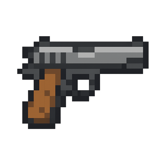A pixelated gun.
Single Game Texture.  In-Game asset.  2d.  Blank background.  High contrast.  No shadows