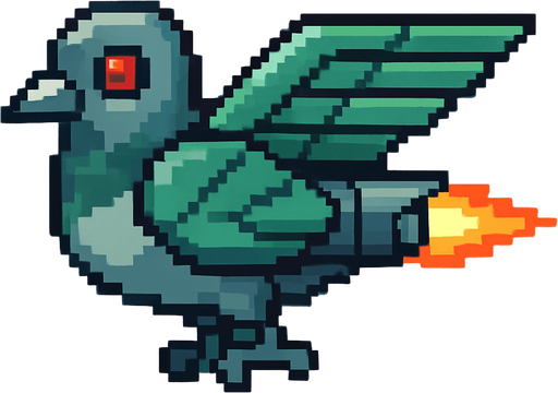 Pixel art of a smaller robotic pigeon with jet wings and a streamlined shape. Fast enemy type in a 2D arcade game. Side view, green metal feathers.
In-Game asset.  2d.  High contrast.  No shadows