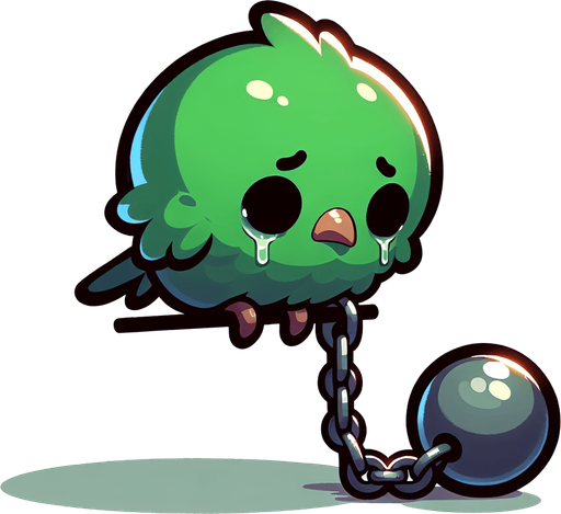 A sad little green bird sitting in ball chain..
Single Game Texture. In-Game asset. 2d. Blank background. High contrast. No shadows.