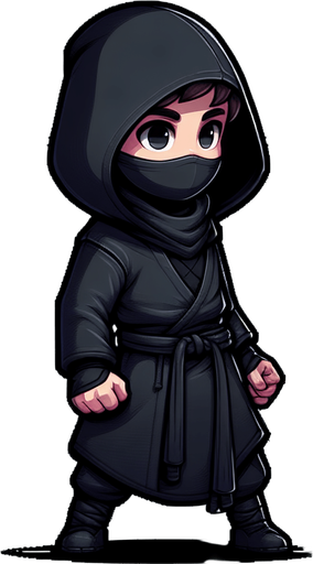 A ninja kid thief, full body, with a dark colored hoodie.
Single Game Texture. In-Game asset. 2d. Blank background. High contrast. No shadows.