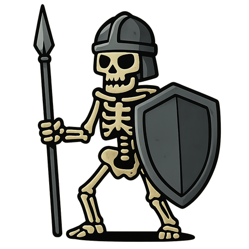 Skeleton with an Iron helmet, Iron spear and a big iron shield.
In-Game asset.  2d.  High contrast.  No shadows
