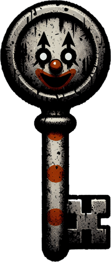 a simple dirty, dark and eerie Christmas clown key.
Single Game Texture. In-Game asset. 2d. Blank background. High contrast. No shadows.
