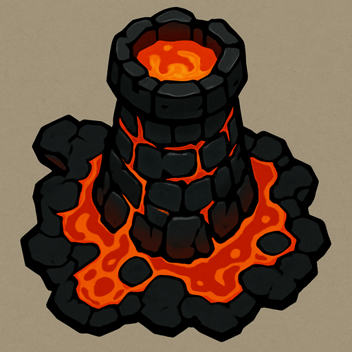 Dark magma tower.
In-Game asset.  2d.  High contrast.  No shadows. Topdown